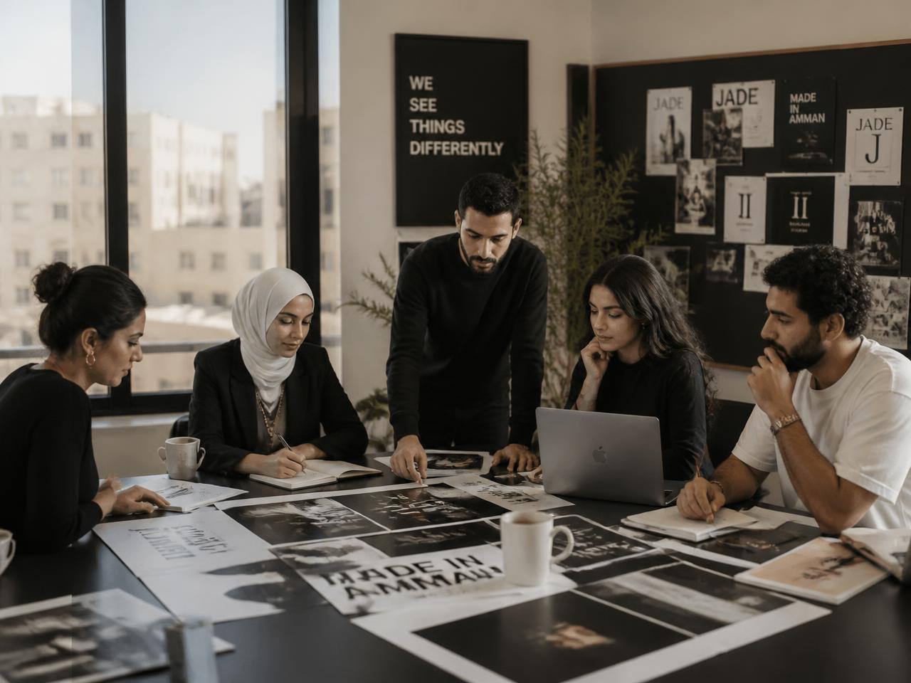 Nasij Media team reviewing campaign layouts together in the Amman studio